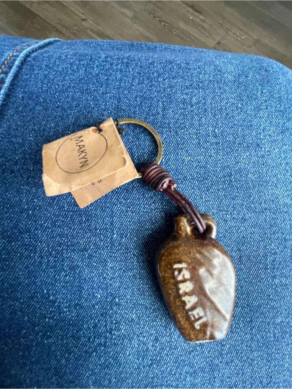 Hand Crafted brown 'Israel' Ceramic Keychain with Brass Ring